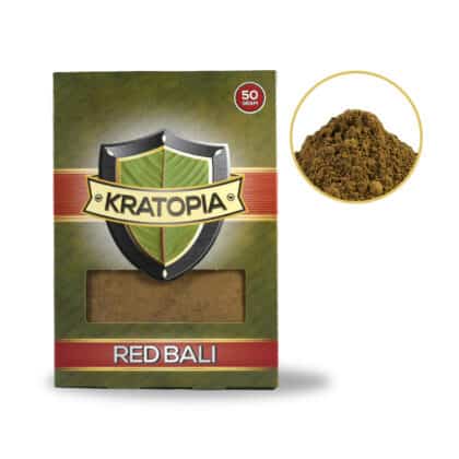 Rood Bali Kratom vooraanzicht + inhoud Kratopia