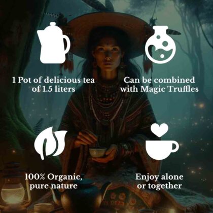 Showcasing the unique benefits of Magic Truffle Tea: 1) Each pack makes 1 pot of delicious tea, yielding 1.5 liters, 2) Designed to be combined with Magic Truffles for an enhanced experience, 3) 100% Organic, embodying pure nature in every sip, 4) Perfect for enjoying a relaxing moment alone or shared with others.