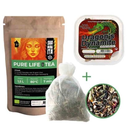 Tripping Tea with Dragon's Dynamite 20 grams of magic truffles and Pure Life Bio Tea for adventurous explorers.