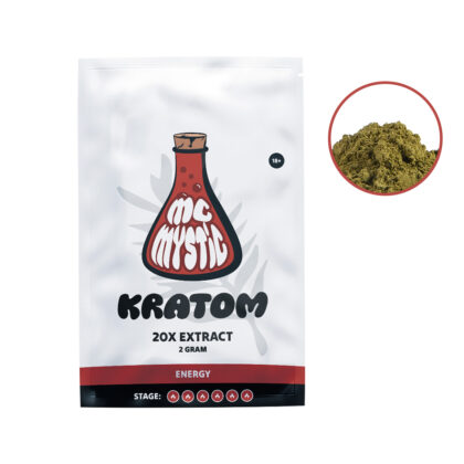 Kratom 20x 2 gram Front view + contents McMystic